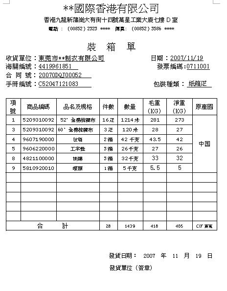 外贸装箱单格式和范例